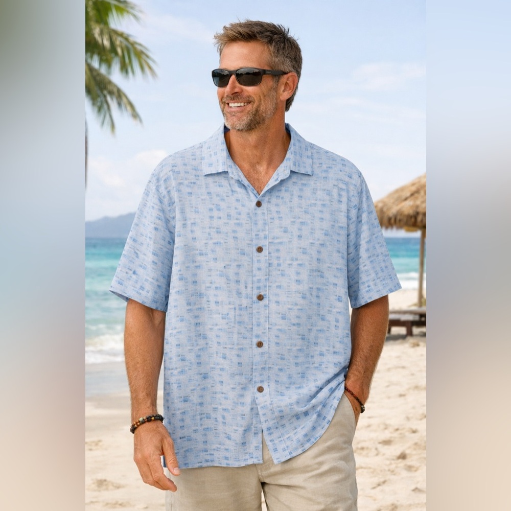 Tommy Bahama IslandZone Silk Blend Camp Shirt XL Tall Blue Geometric Hawaiian